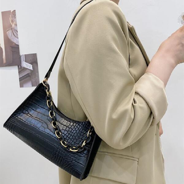 

Chain Decor Croc Embossed Baguette Bag, Black