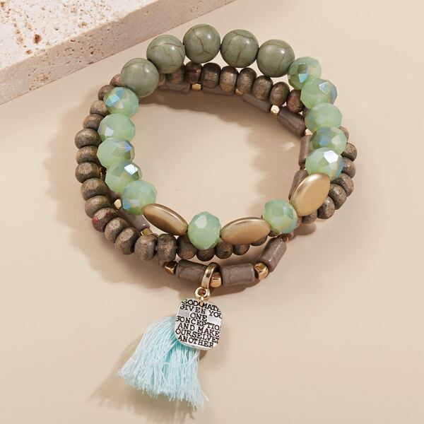 

3pcs Tassel Charm Beaded Bracelet, Multicolor