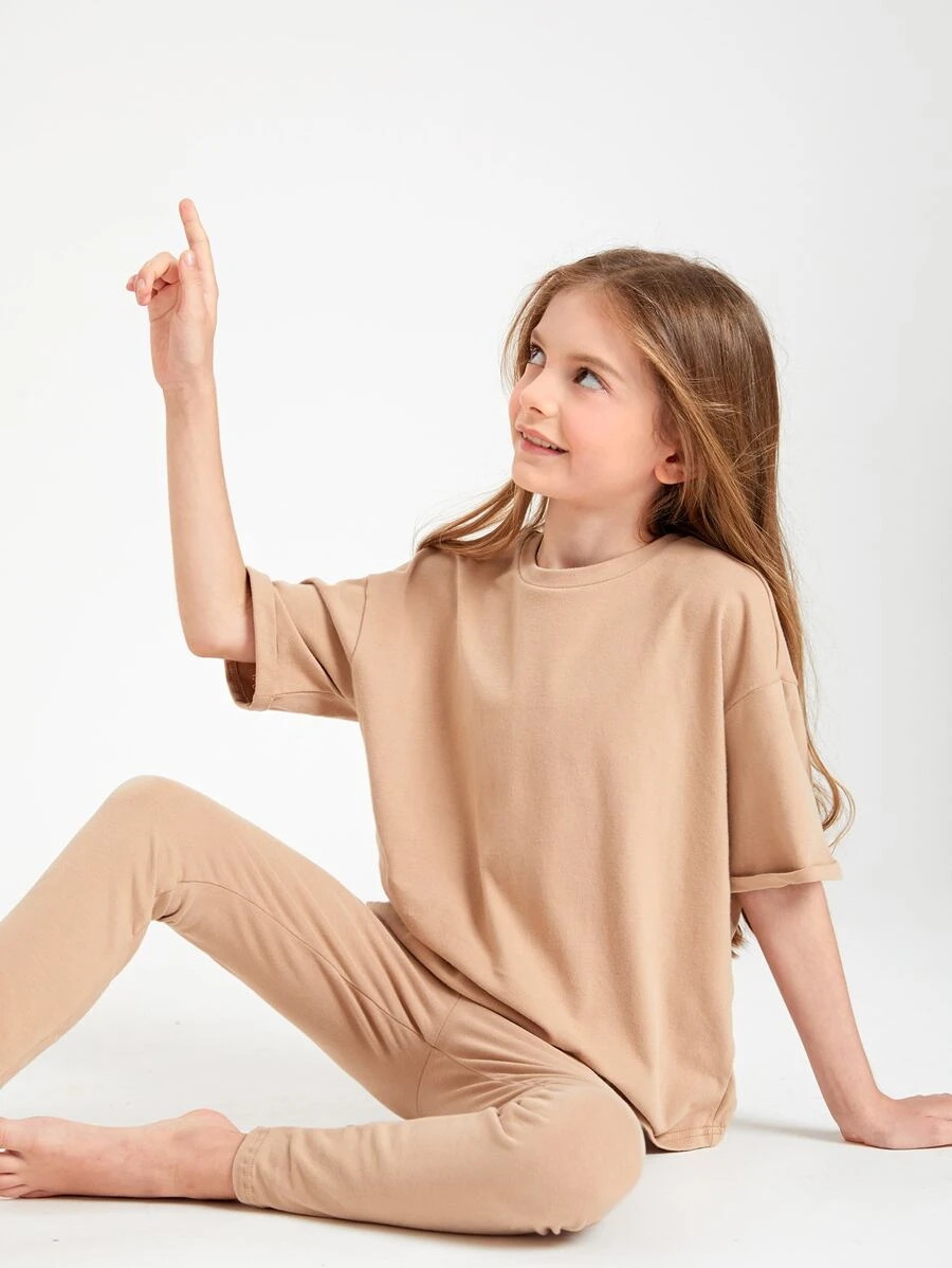SHEIN Girls Cotton Drop Shoulder Top & Leggings Set - Camel - View 1