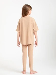 SHEIN Girls Cotton Drop Shoulder Top & Leggings Set - Camel - View 2