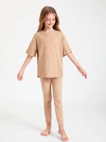 SHEIN Girls Cotton Drop Shoulder Top & Leggings Set - Camel - View 3