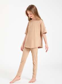 SHEIN Girls Cotton Drop Shoulder Top & Leggings Set - Camel - View 4