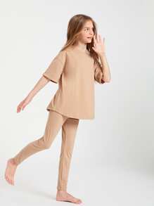 SHEIN Girls Cotton Drop Shoulder Top & Leggings Set - Camel - View 5
