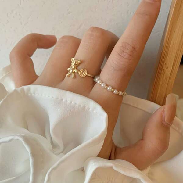 

2pcs Faux Pearl & Bear Decor Ring, Gold