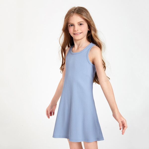

Girls Round Neck Rib-knit Tank Dress, Dusty blue