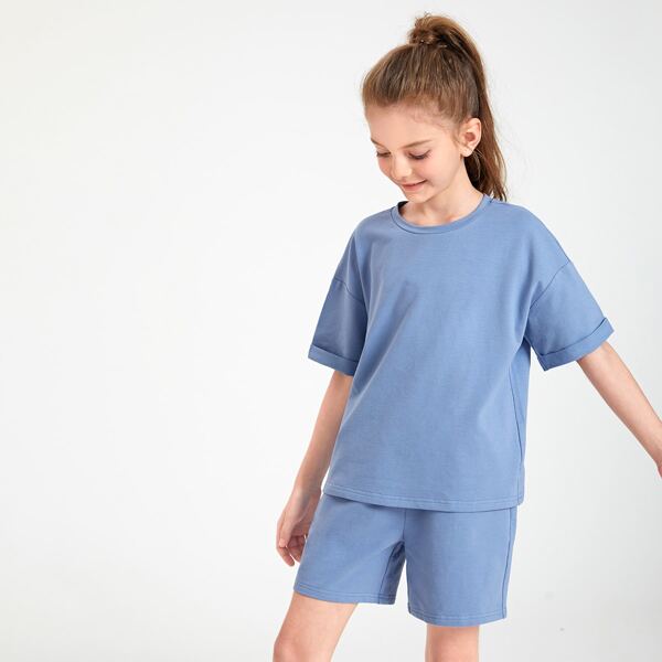

Girls Solid Drop Shoulder Tee & Track Shorts Set, Dusty blue