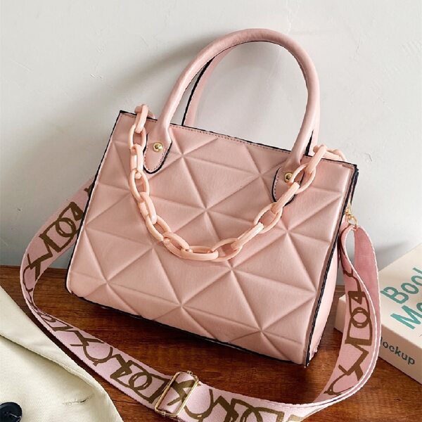 

Chain Decor Quilted Satchel Bag, Pink