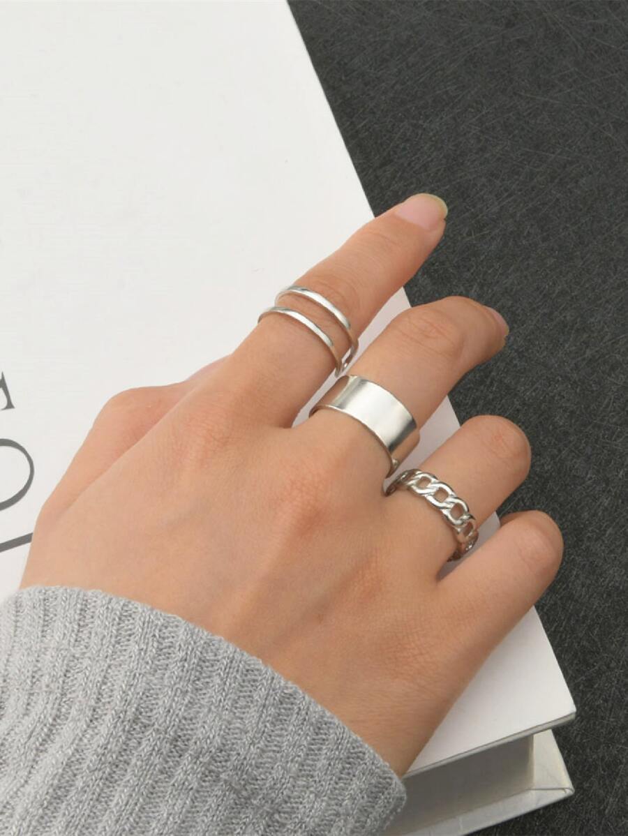 3入組鏤空戒指 - 銀色 - 查看 1