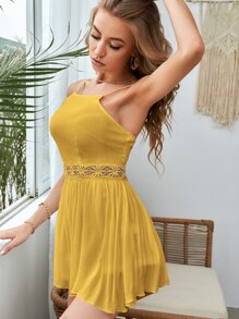 SHEIN VCAY Mono de tirantes unicolor ribete con encaje - Amarillo - Ver 4