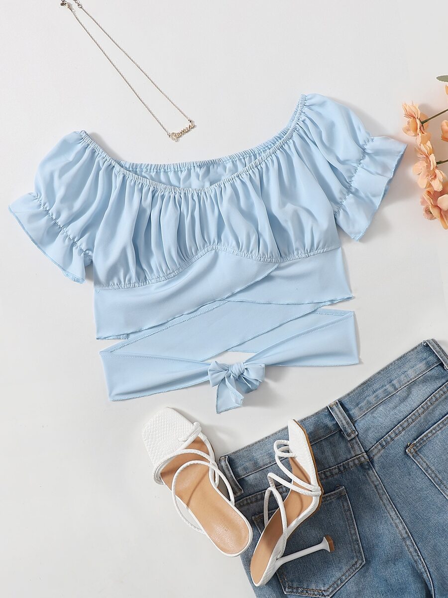 Áo sơ mi Hội Chữ thập Xù Buộc lại Nếp gấp Phần Ngực màu trơn Boho - Màu xanh nhạt - Xem 1