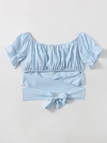 Áo sơ mi Hội Chữ thập Xù Buộc lại Nếp gấp Phần Ngực màu trơn Boho - Màu xanh nhạt - Xem 2