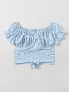 Áo sơ mi Hội Chữ thập Xù Buộc lại Nếp gấp Phần Ngực màu trơn Boho - Màu xanh nhạt - Xem 3