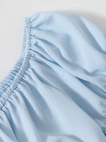 Áo sơ mi Hội Chữ thập Xù Buộc lại Nếp gấp Phần Ngực màu trơn Boho - Màu xanh nhạt - Xem 4