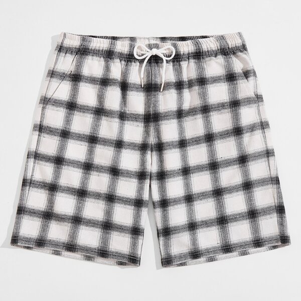 

Men Plaid Drawstring Shorts, Black and white