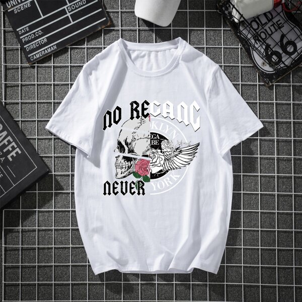 

Men Letter And Skull Print Tee, White