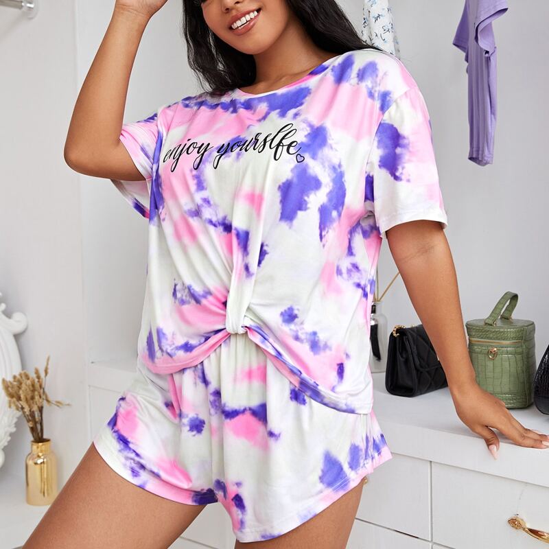 

Plus Tie Dye Slogan Graphic Pajama Set, Multicolor