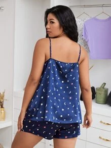 Plus Satin Galaxy Print Cami Night Set - Navy Blue - View 2