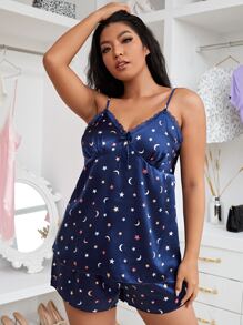 Plus Satin Galaxy Print Cami Night Set - Navy Blue - View 3