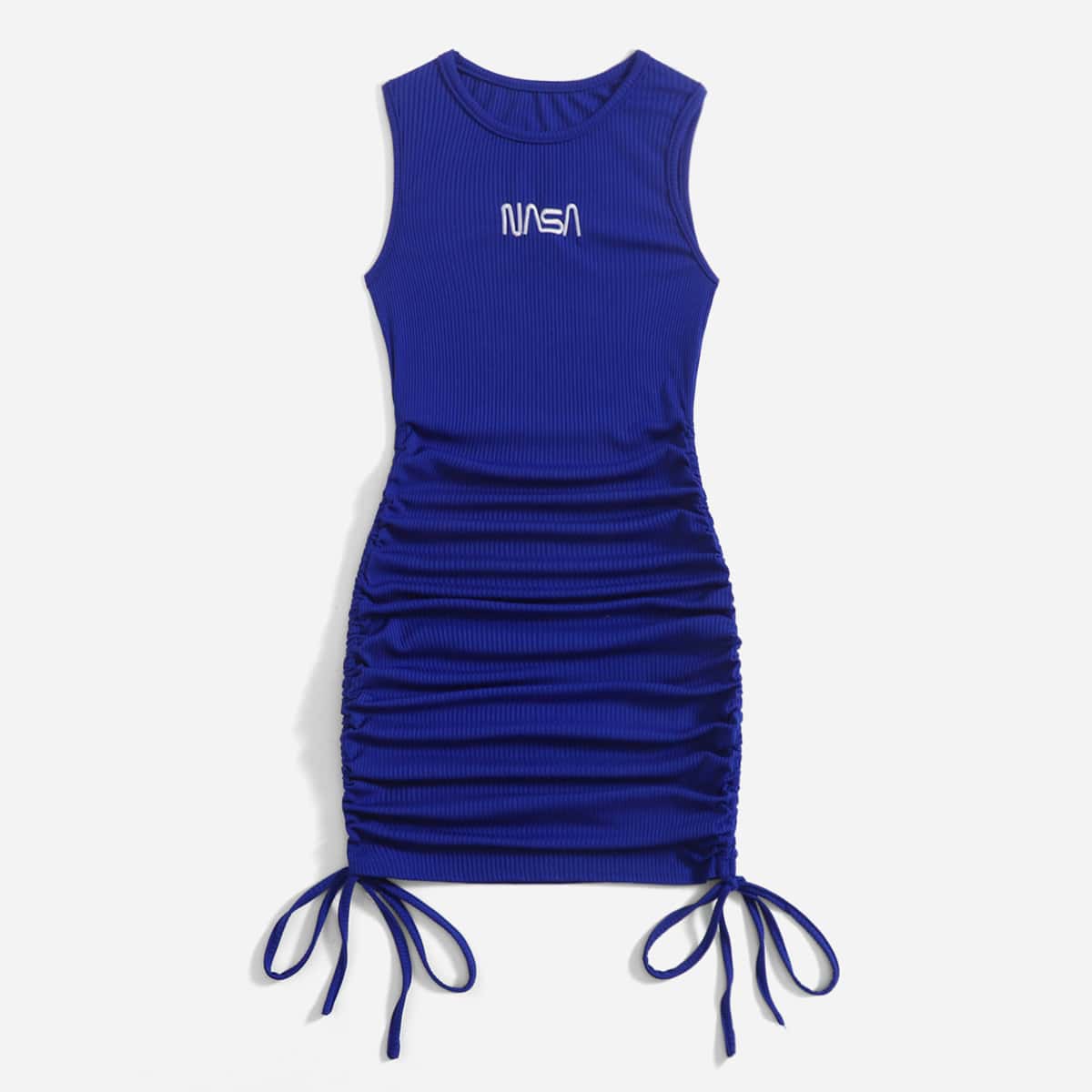 

Letter Embroidery Drawstring Ruched Dress, Royal blue