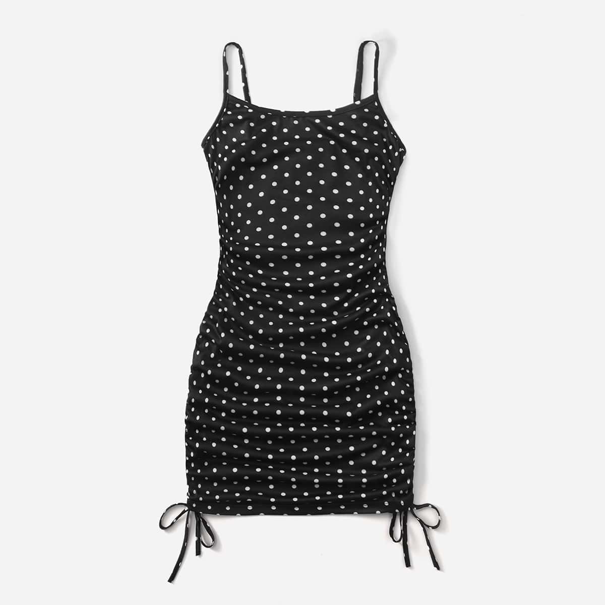 

Polka Dot Drawstring Dress, Black