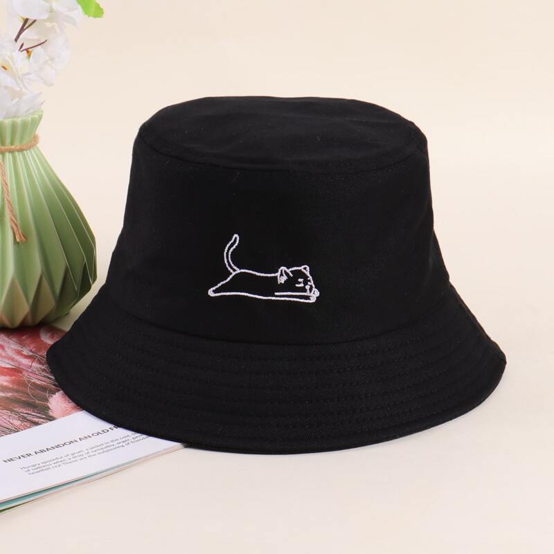 

Cat Embroidery Bucket Hat, Black