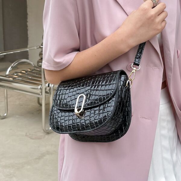 

Croc Embossed Flap Saddle Bag, Black
