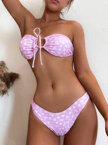 Swim Mod Summer Beach Floral Print Bikini Set Drawstring Bandeau Bra Top & High Cut Bikini Bottom 2 Pieces Bikini - Pink - View 3