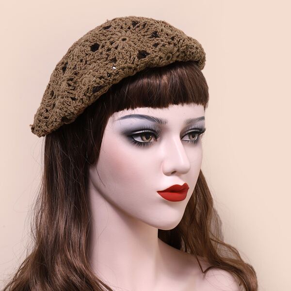 

Hollow Out Flower Beret, Coffee brown