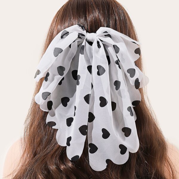 

Heart Print Bow Decor Hair Clip, Black and white