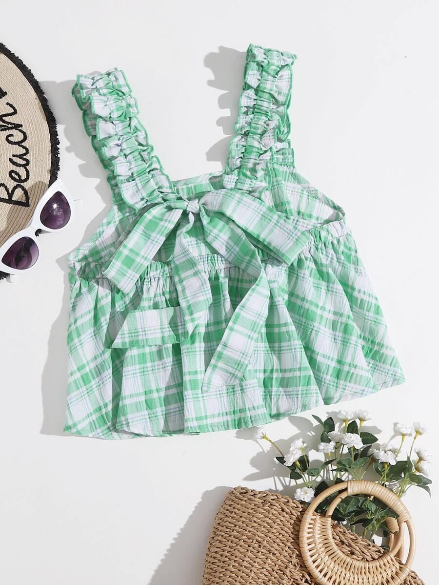 SHEIN Unity 褶邊帶後繫帶格紋背心上衣 - 彩色 - 查看 1