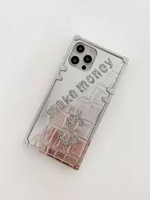 1pc 'make Money' Mirror Rhinestone Inlay Phone Case Compatible With Iphone 13