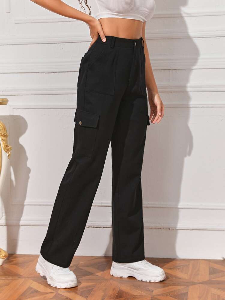 SHEIN Slant Pocket Cargo Trousers - Black - View 5