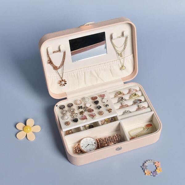 

1pc Solid Color PU Jewelry Box, Pink