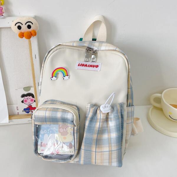 

Girls Tartan Canvas School Bag, Dusty blue