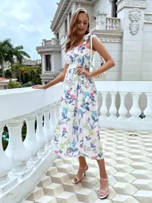 滿版花卉打褶結飾吊帶洋裝 - 彩色 - 查看 1