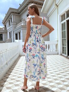 滿版花卉打褶結飾吊帶洋裝 - 彩色 - 查看 2