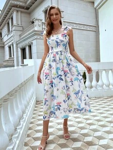 滿版花卉打褶結飾吊帶洋裝 - 彩色 - 查看 3