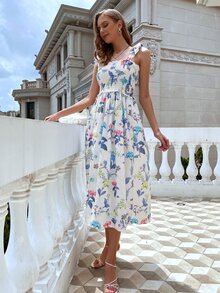 滿版花卉打褶結飾吊帶洋裝 - 彩色 - 查看 6