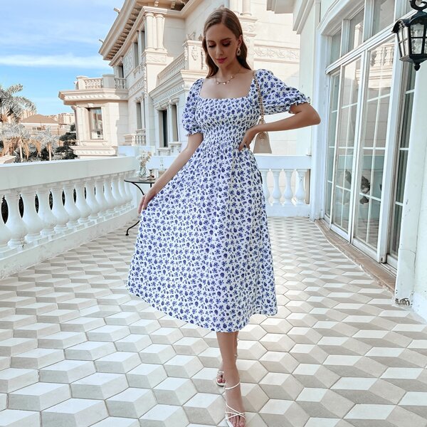 

Square Neck Allover Floral Dress, Blue and white