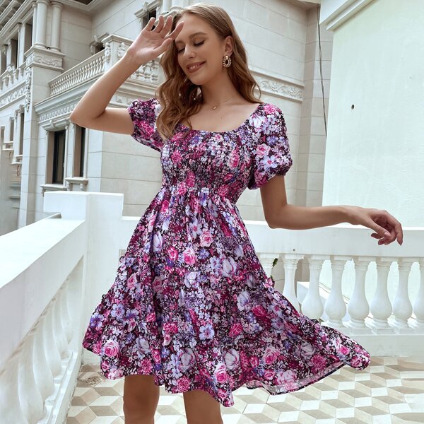 

Off Shoulder Shirred Allover Floral Dress, Purple