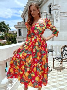 橙子圖案泡泡袖A字型洋裝