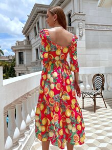 橙子圖案泡泡袖A字型洋裝