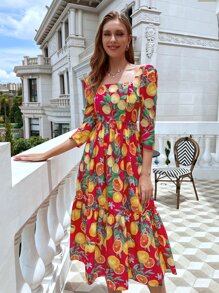 橙子圖案泡泡袖A字型洋裝