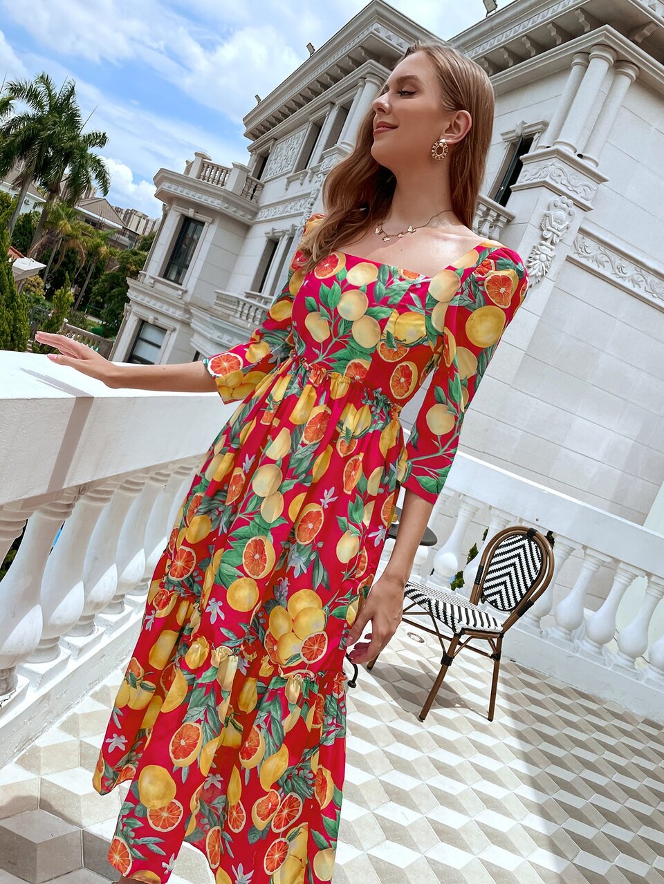 Orange Print Puff Sleeve A-line Dress