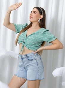 SHEIN Holidaya Plus Ditsy Floral Drawstring Ruffle Trim Blouse - Mint Green - View 1