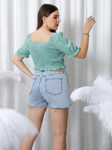 SHEIN Holidaya Plus Ditsy Floral Drawstring Ruffle Trim Blouse - Mint Green - View 2