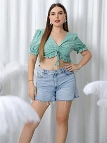 SHEIN Holidaya Plus Ditsy Floral Drawstring Ruffle Trim Blouse - Mint Green - View 3