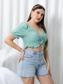 SHEIN Holidaya Plus Ditsy Floral Drawstring Ruffle Trim Blouse - Mint Green - View 5