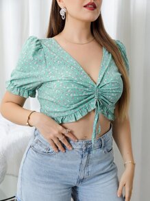 SHEIN Holidaya Plus Ditsy Floral Drawstring Ruffle Trim Blouse - Mint Green - View 6