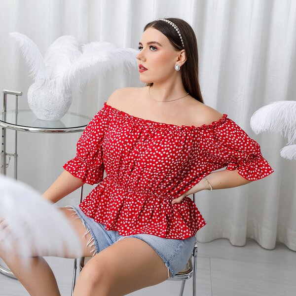 

Plus Ditsy Floral Bardot Peplum Top, Red